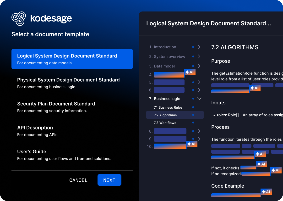 Generate documentation automatically in minutes using templates that meet required standards
