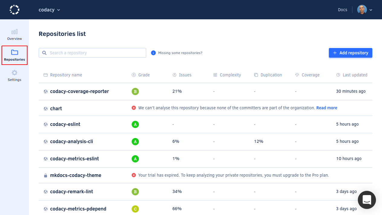 AI Code review Tools - Codacy UI