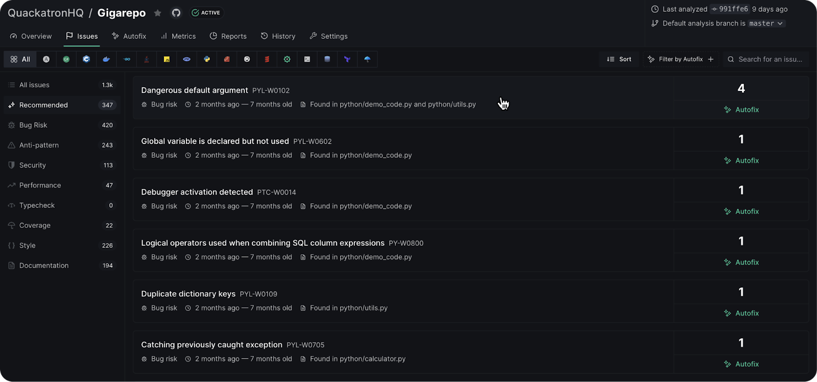 Code analysis tools - DeepSource UI