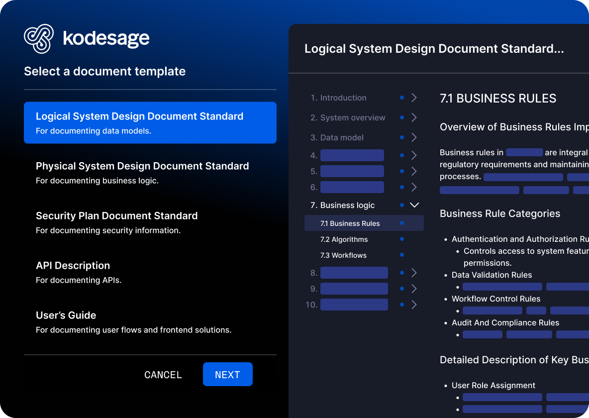 Sync Kodesage with your codebase,  customize document templates to your needs and make sure your documents are always up to date in the right format