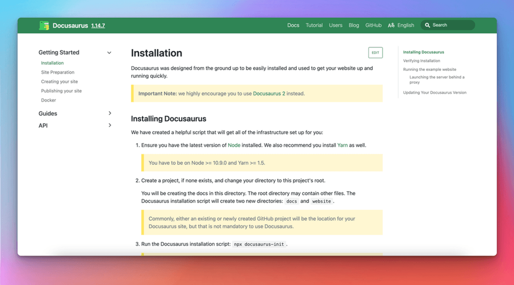 9 best software documentation tools - docusaurus UI
