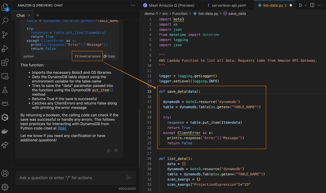 AI Code review Tools - Amazon CodeWhisperer UI