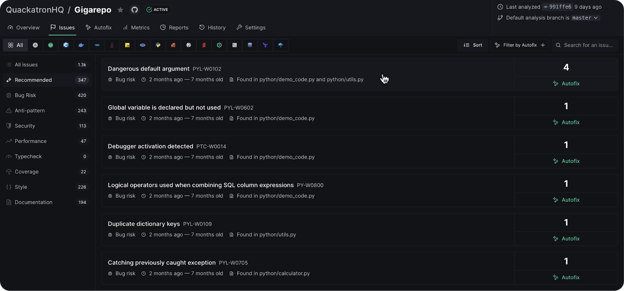 Code analysis tools - DeepSource UI